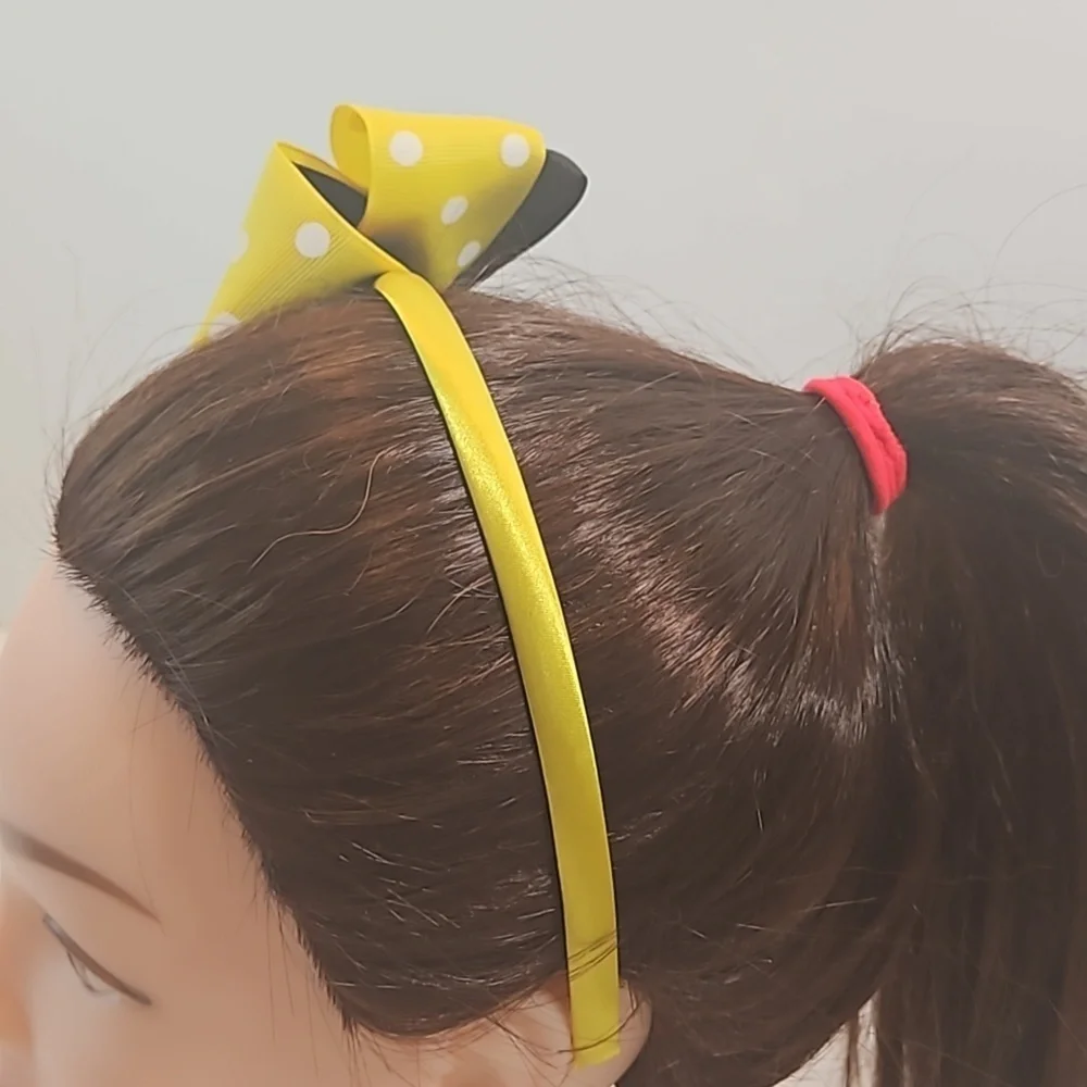 Hand Crafted Handmade Bow Hairband Yellow white polka-dot black contrast ribbon